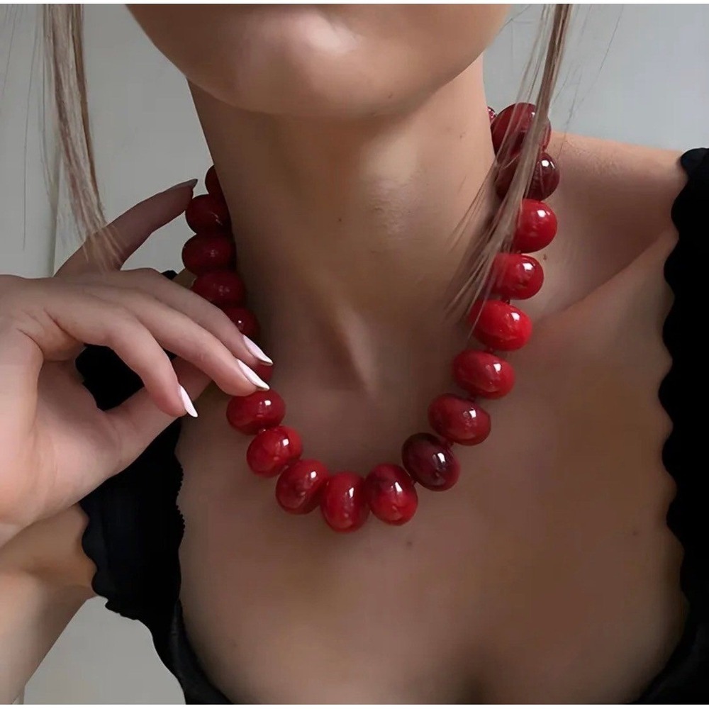 New Red Chunky Beaded Statement Necklace Women Acrylic Retro Boho Jewelry